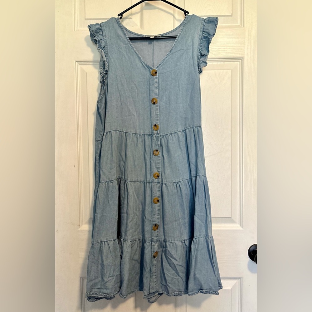 Pink Blush Maternity Chambray Tiered Dress Size M
